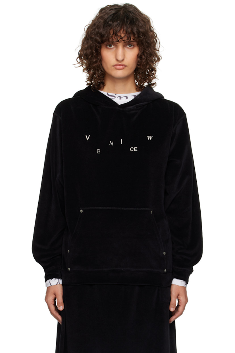 Cotton-blend velour hoodie. Button hardware and detachable braided appliqués at hood for alternate styling.

· Logo embroidered at chest
· Rivets at kangaroo pocket
· Dropped shoulders
· Logo-engraved antiqued silver-tone hardware

Supplier color: Black
