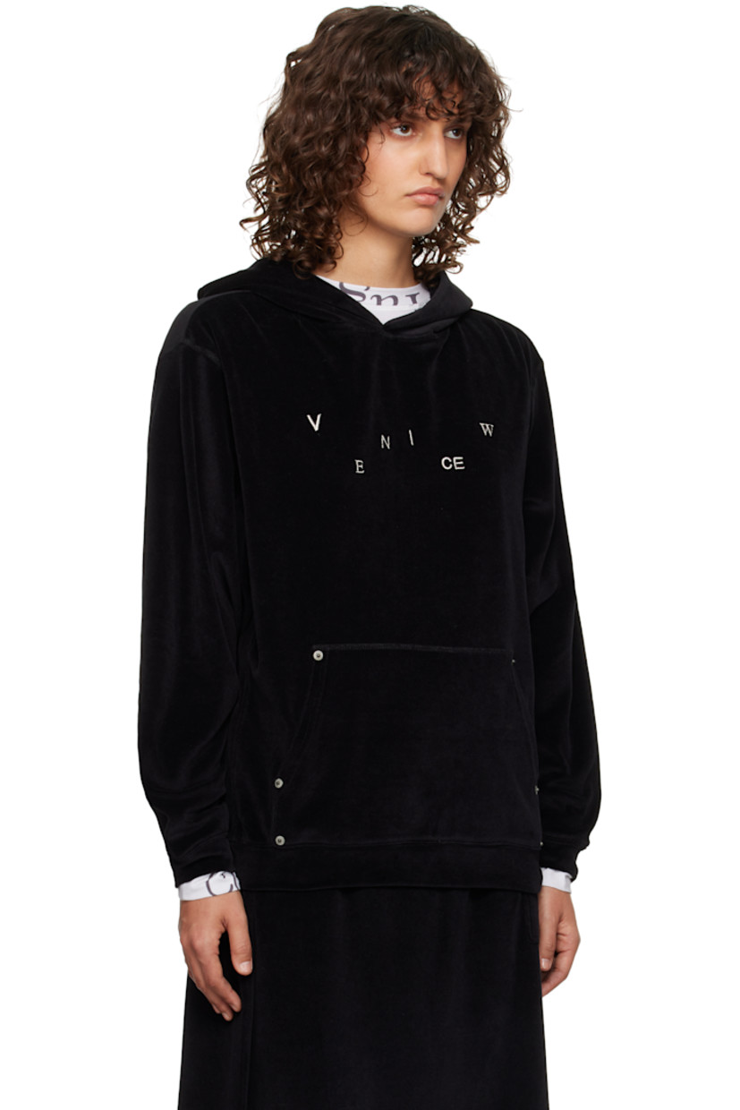 Cotton-blend velour hoodie. Button hardware and detachable braided appliqués at hood for alternate styling.

· Logo embroidered at chest
· Rivets at kangaroo pocket
· Dropped shoulders
· Logo-engraved antiqued silver-tone hardware

Supplier color: Black