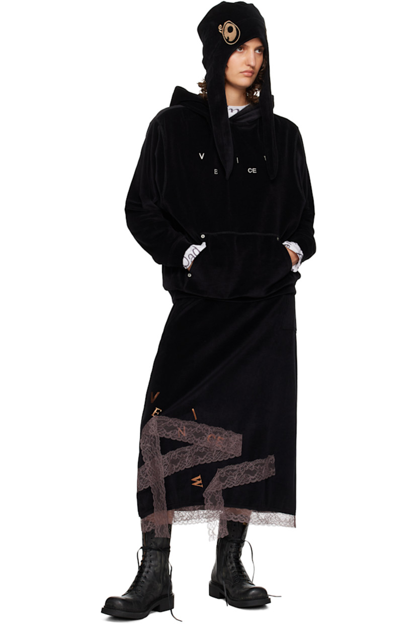 Cotton-blend velour hoodie. Button hardware and detachable braided appliqués at hood for alternate styling.

· Logo embroidered at chest
· Rivets at kangaroo pocket
· Dropped shoulders
· Logo-engraved antiqued silver-tone hardware

Supplier color: Black