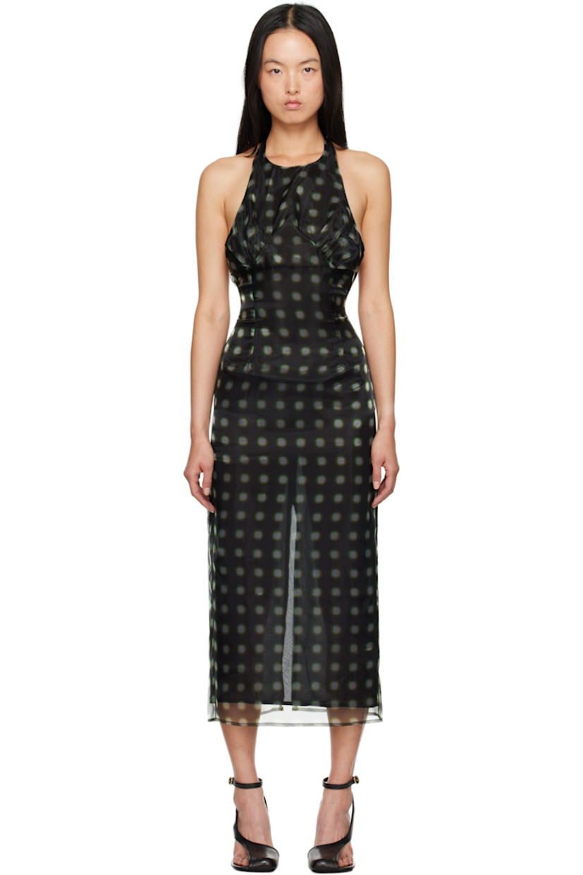 Semi-sheer polyester organza midi dress. Polka dot pattern printed throughout. 

· Round neck
· Gathering at chest
· Button fastening at halter strap
· Zip closure at open back
· Central vent at back hem
· Full georgette lining

Supplier color: Verde