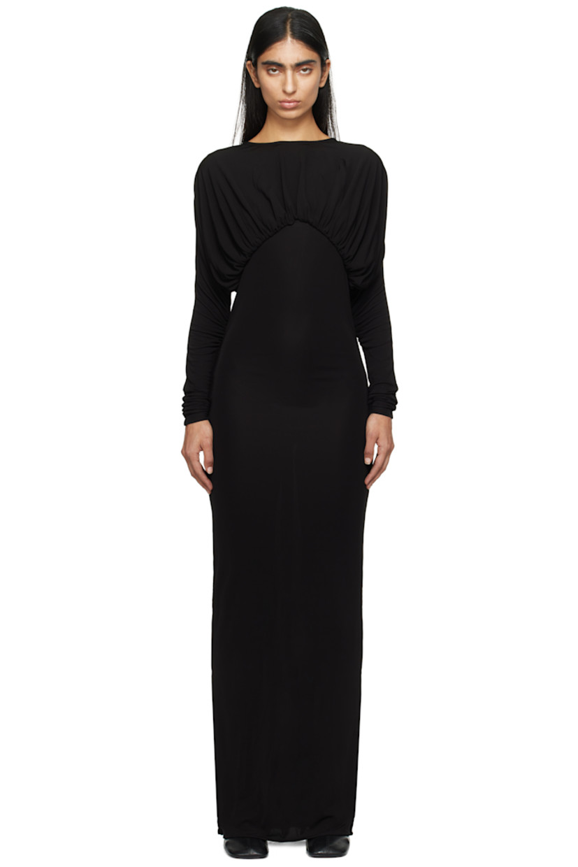 Viscose jersey maxi dress. Gathering throughout.

· Round neck
· Dolman sleeves
· Button fastening at back collar
· Zip closure at back
· Partially lined

Supplier color: Black