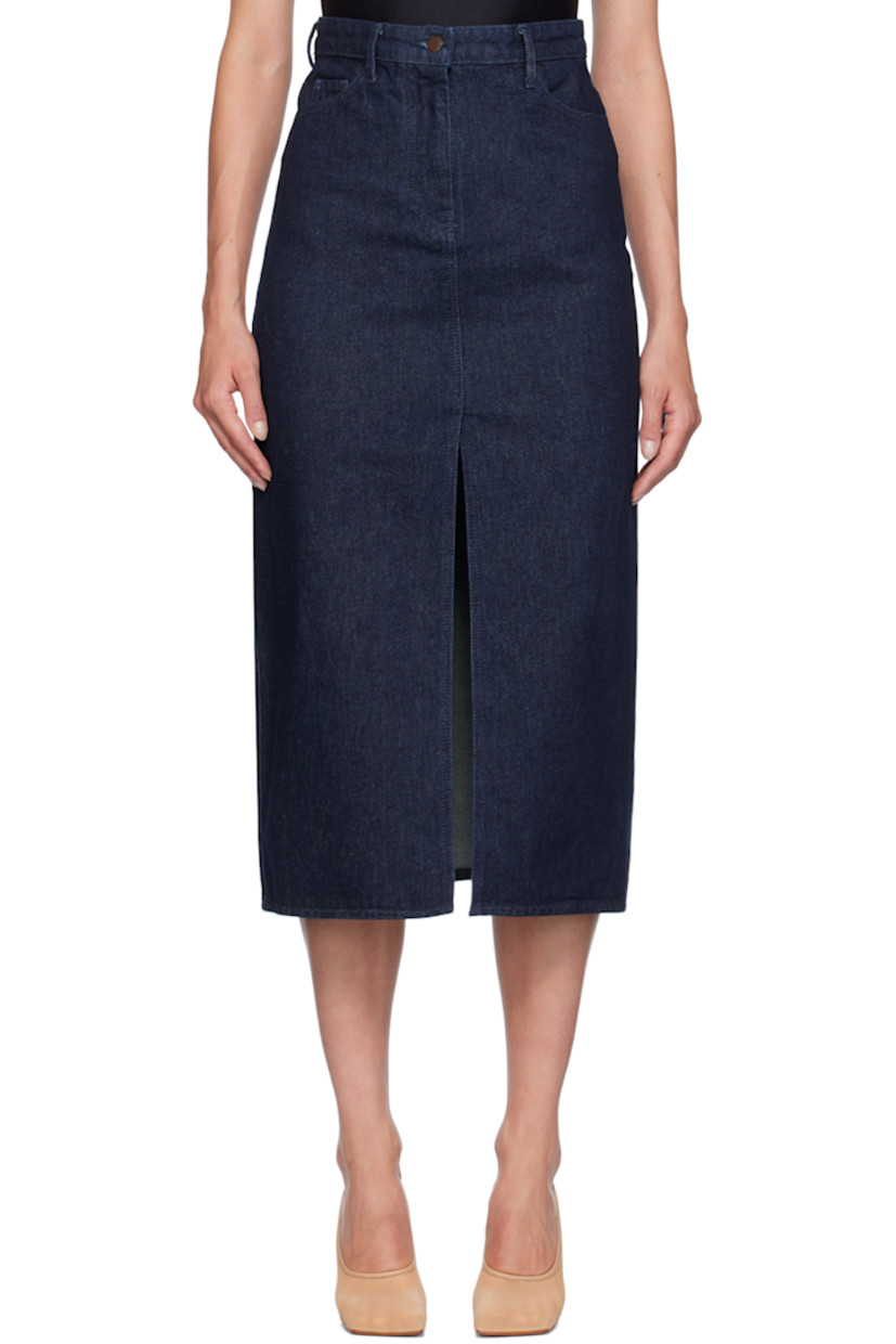 Non-stretch denim skirt. 

· Belt loops
· Five-pocket styling
· Zip-fly
· Slit at front hem
· Leather logo patch at back waistband
· Enameled hardware

Supplier color: Profondo