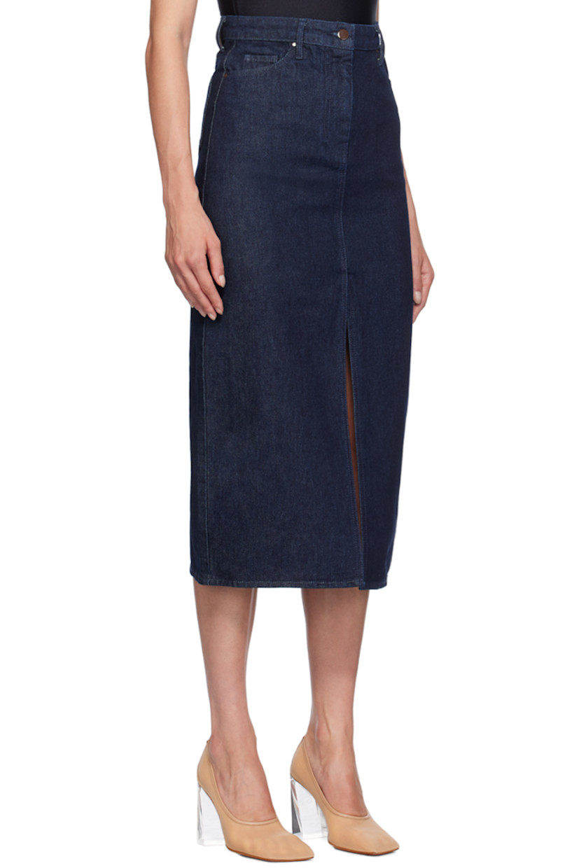 Non-stretch denim skirt. 

· Belt loops
· Five-pocket styling
· Zip-fly
· Slit at front hem
· Leather logo patch at back waistband
· Enameled hardware

Supplier color: Profondo