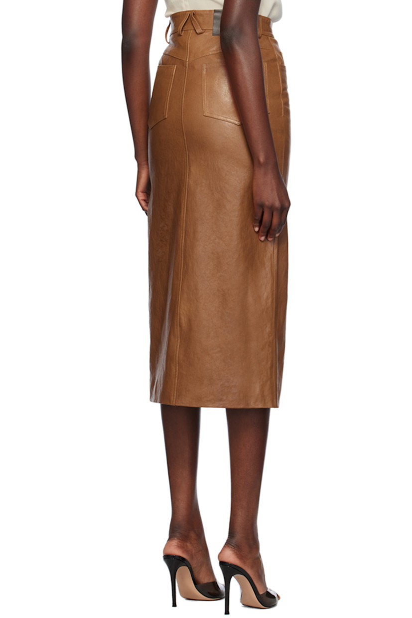 Grained leather skirt.

· Belt loops
· Five-pocket styling
· Zip-fly
· Central vent at front hem
· Full stretch twill lining

Supplier color: Cognac