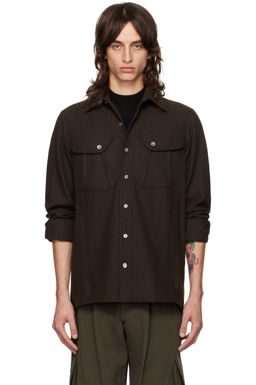 Wool-blend flannel shirt. 

· Spread collar
· Button closure
· Flap and seam pockets
· Adjustable single-button barrel cuffs

Supplier color: Brown