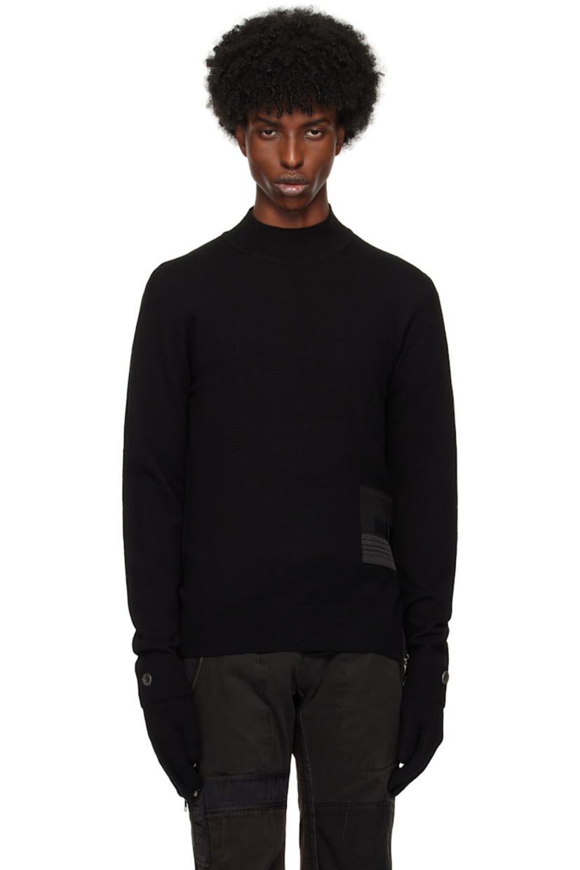 Knit extra fine wool turtleneck.

· Rib knit collar, hem, and cuffs
· Cotton twill trim at front and back
· Velcro tab at vented side seam
· Thumbhole at cuffs

Pair of knit extra fine wool gloves in black.

· Button hardware at rib knit cuffs
· Logo flag at cuffs

Supplier color: Black