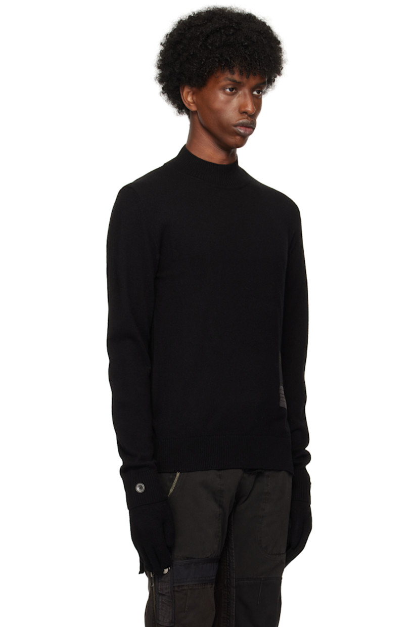 Knit extra fine wool turtleneck.

· Rib knit collar, hem, and cuffs
· Cotton twill trim at front and back
· Velcro tab at vented side seam
· Thumbhole at cuffs

Pair of knit extra fine wool gloves in black.

· Button hardware at rib knit cuffs
· Logo flag at cuffs

Supplier color: Black