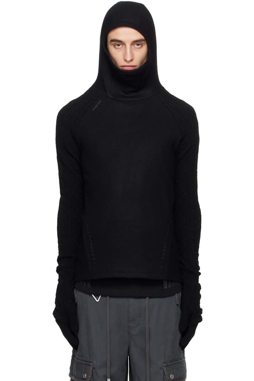 Brushed knit and cable knit wool-blend hoodie.

· Paneled construction
· Funnel neck
· Logo and graphics bonded at front
· Kangaroo pocket
· Raglan sleeves
· Thumbhole at cuffs
· Storm flap at back

Pair of knit wool-blend gloves in black. Logo flag at rib knit cuffs.

Supplier color: Black
