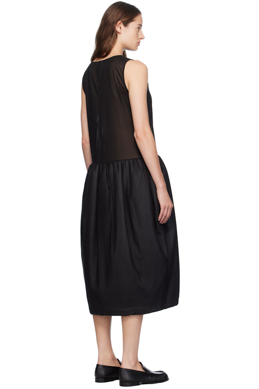 Sheer cotton muslin dress.

· Round neck
· Gathering at waist
· Padded skirt
· Welt pockets
· Zip closure at back
· Partial satin lining

Supplier color: Black