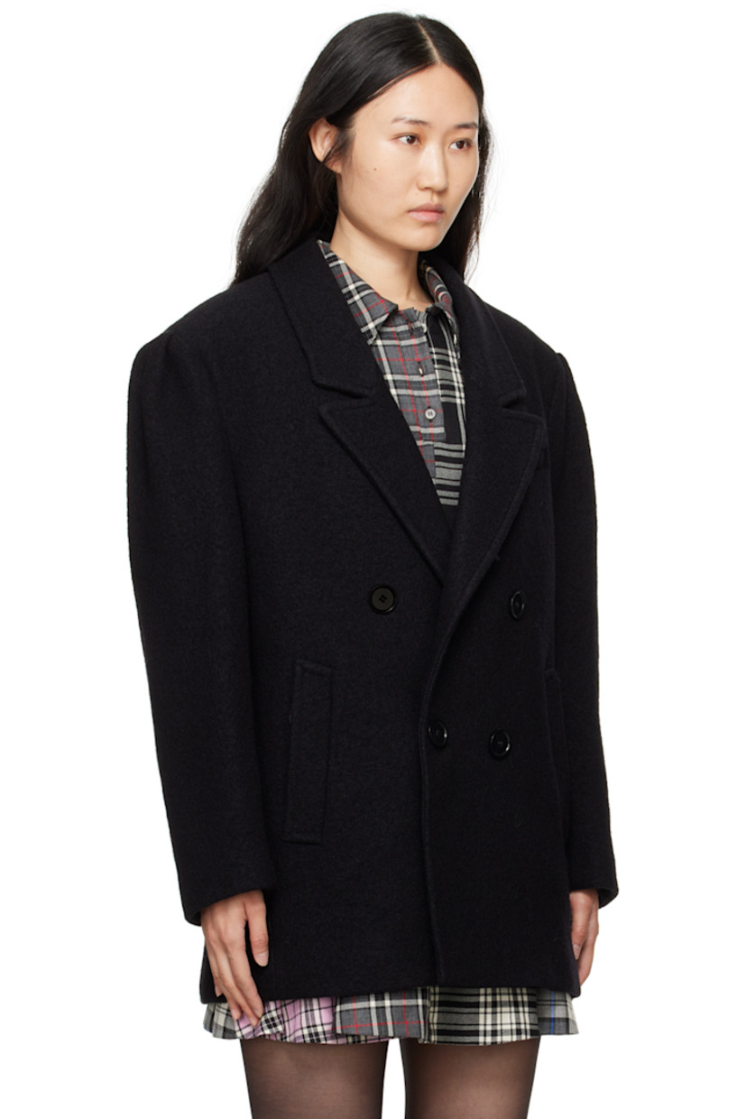 Oversized virgin wool bouclé coat. 

· Notched lapel
· Double-breasted button closure
· Welt pockets
· Padded shoulders
· Logo patch at back collar
· Button tab at back
· Twin vents at back hem
· Full logo-woven viscose satin lining

Supplier color: Black