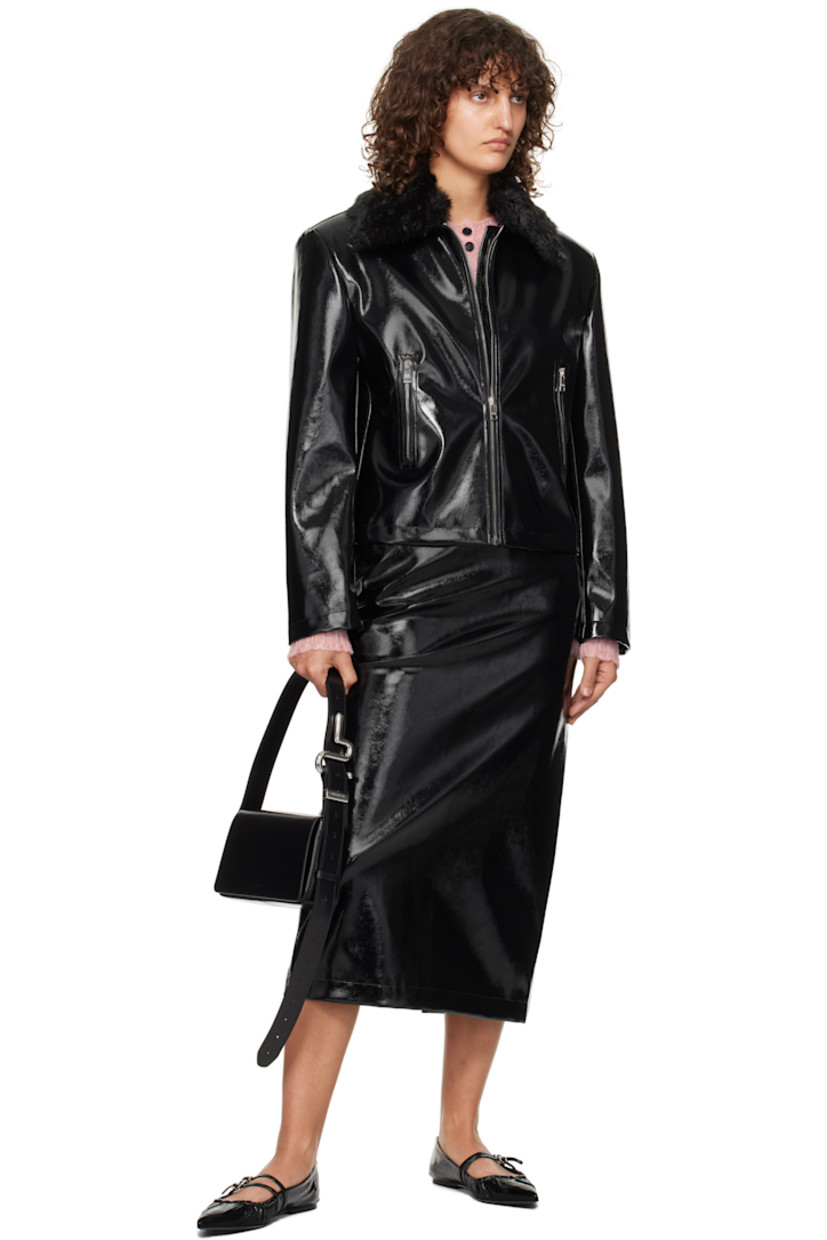 Patent faux-leather jacket. 

· Detachable faux-fur trim at spread collar
· Zip closure
· Zip pockets
· Padded shoulders
· Zip expansion panel at cuffs
· Full logo-woven satin lining
· Logo-engraved silver-tone hardware
 
Supplier color: Black