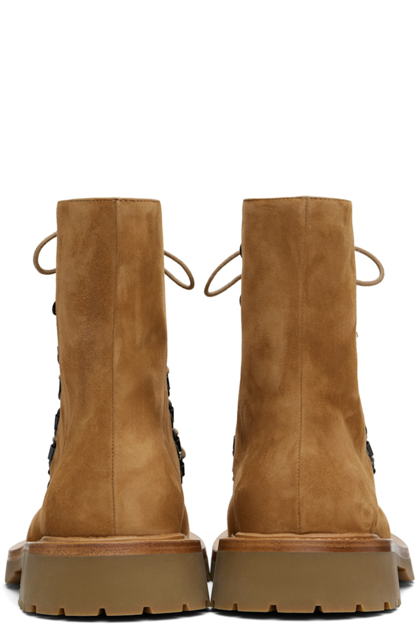 Ankle-high suede boots in tan. 

· Moc toe 
· Lace-up closure
· Buffed leather lining
· Topstitching at welt
· Stacked leather midsole
· Treaded foam rubber sole

Supplier color: Hazelnut