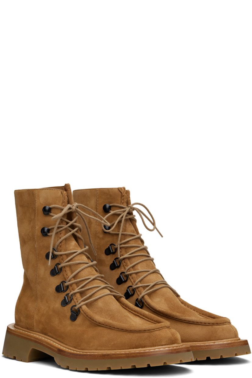 Ankle-high suede boots in tan. 

· Moc toe 
· Lace-up closure
· Buffed leather lining
· Topstitching at welt
· Stacked leather midsole
· Treaded foam rubber sole

Supplier color: Hazelnut