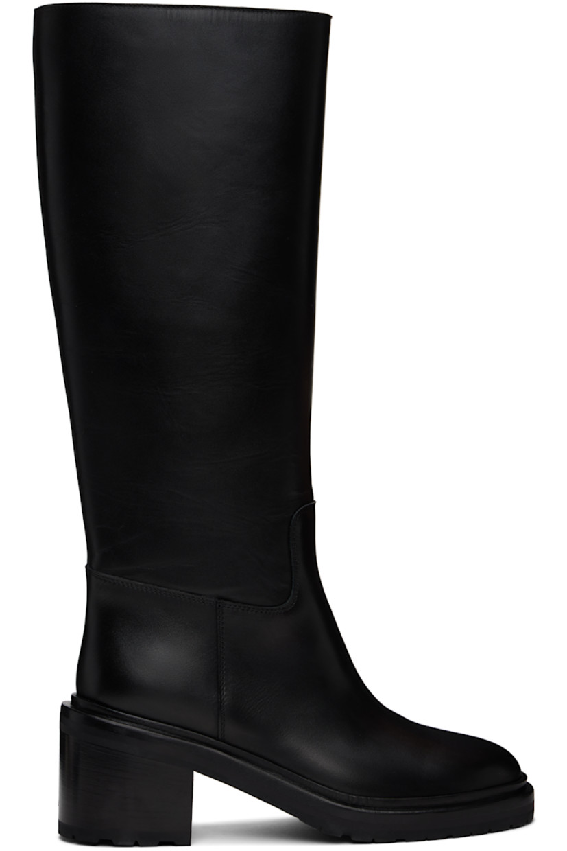Knee-high buffed calfskin boots in black. 

· Buffed leather lining 
· Topstitching at welt 
· Stacked leather midsole 
· Stacked leather block heel with rubber injection 
· Leather sole 
· Heel: H2.5"

Supplier color: Black