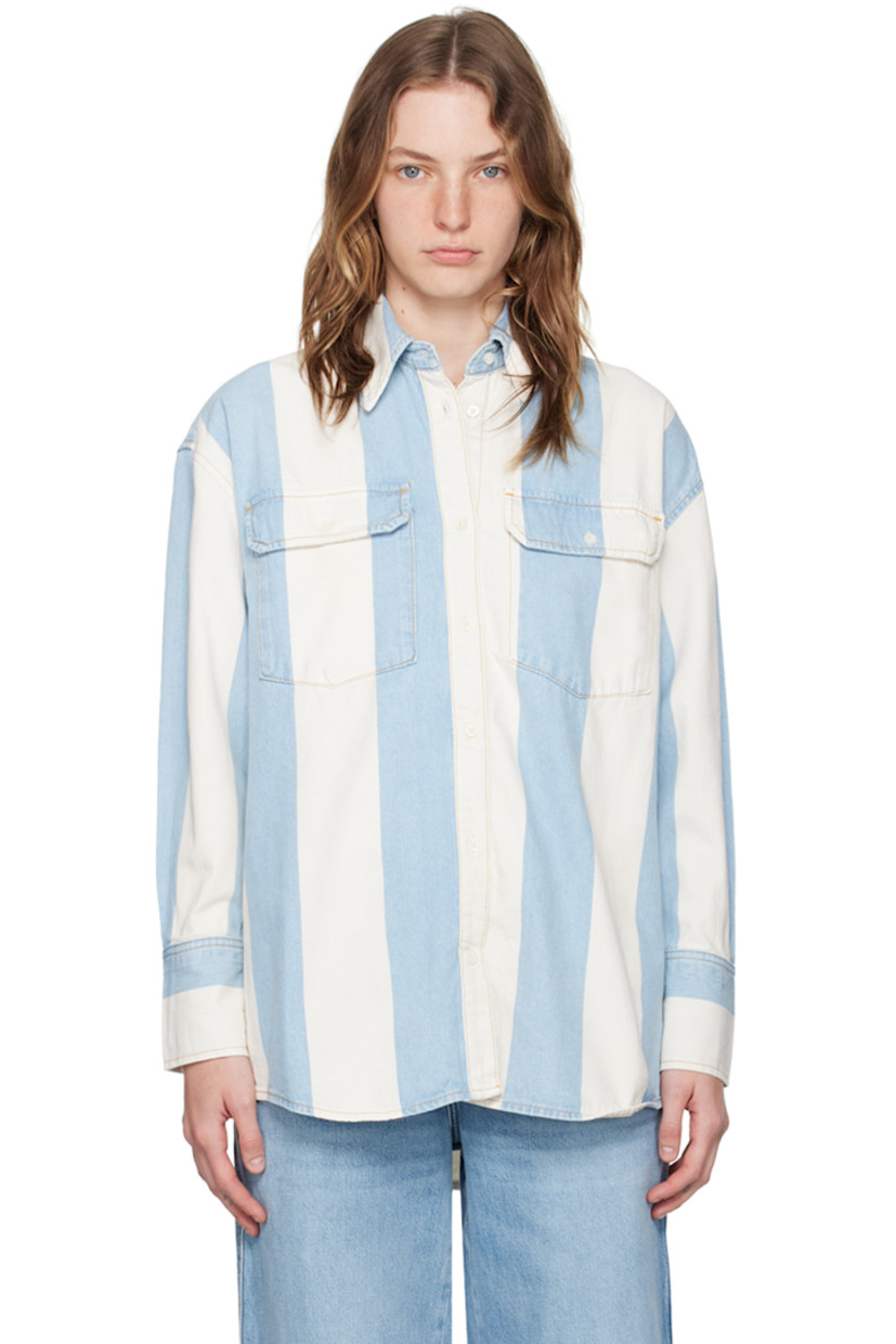 Non-stretch denim shirt. Stripes throughout. 

· Spread collar 
· Button closure 
· Flap pockets 
· Shirttail hem 
· Double-button barrel cuffs 
· Box pleat at back yoke 
· Contrast stitching in tan 

Supplier color: Blue white stripe