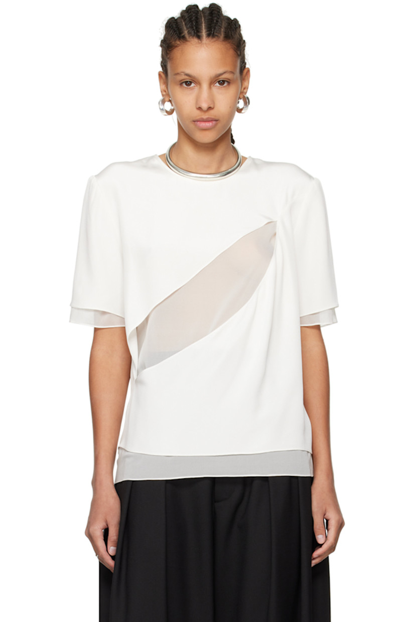 Silk satin and semi-sheer stretch silk chiffon T-shirt.

· Layered construction
· Crewneck
· Cutout and draping at front
· Hook-eye fastening at back collar

Supplier color: White
