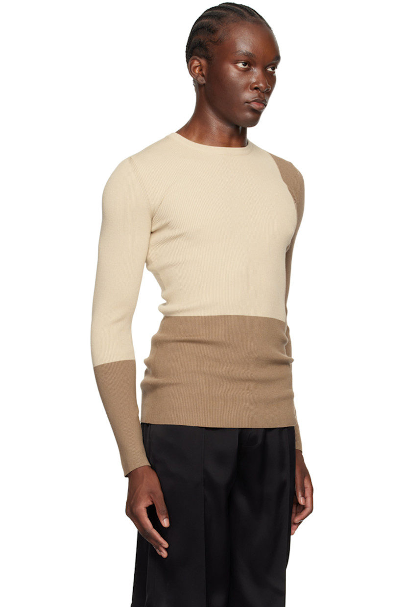 Rib knit viscose-blend sweater.

· Jacquard colorblock pattern throughout
· Crewneck

Supplier color: Beige/Tan