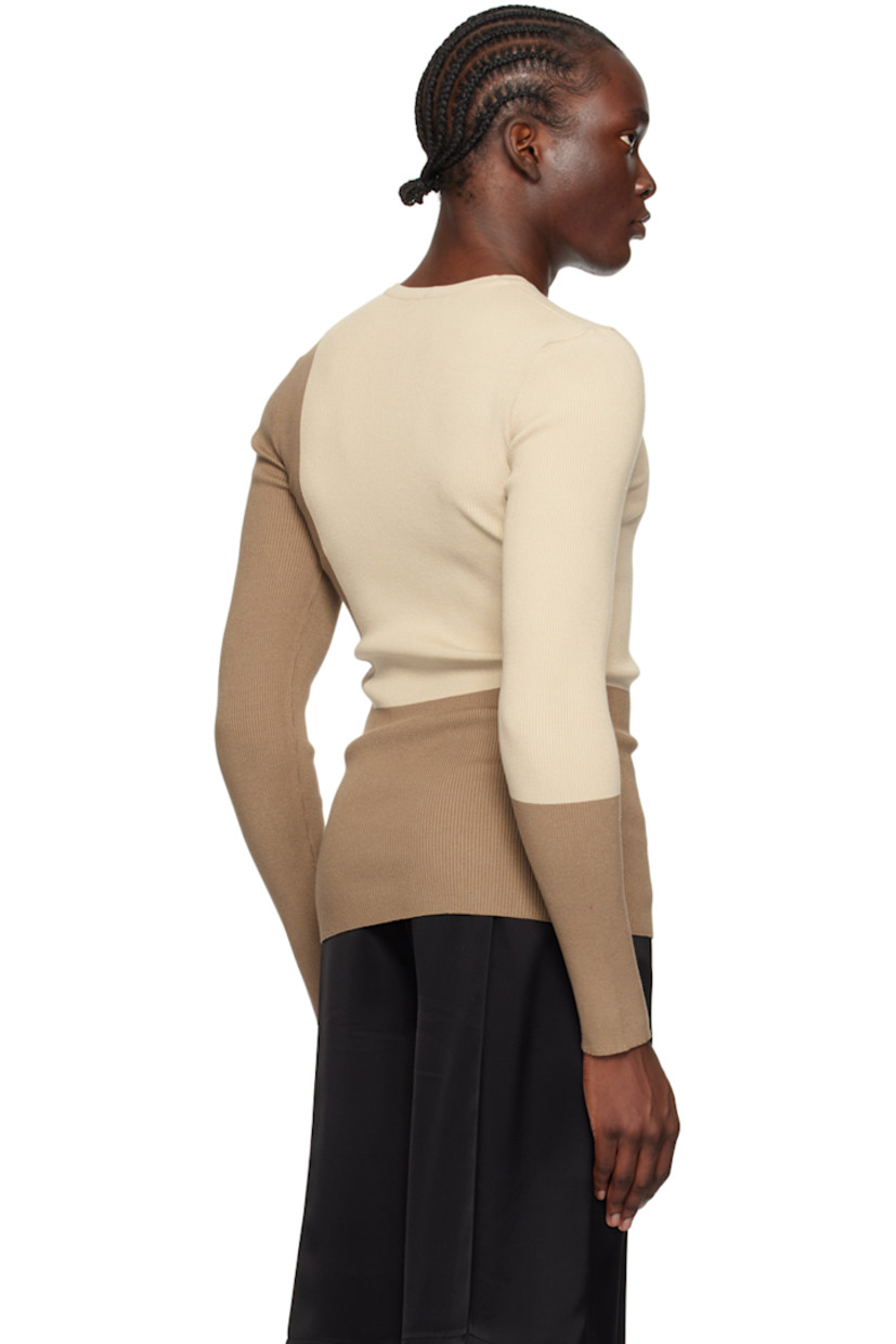 Rib knit viscose-blend sweater.

· Jacquard colorblock pattern throughout
· Crewneck

Supplier color: Beige/Tan