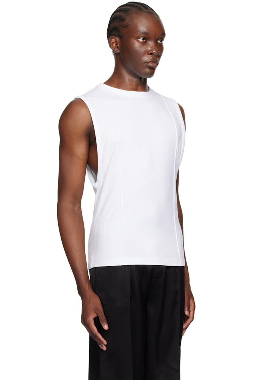 Stretch viscose jersey tank top.

· Rib knit crewneck
· Creased detailing at front and back
· Logo embroidered at back collar

Supplier color: White