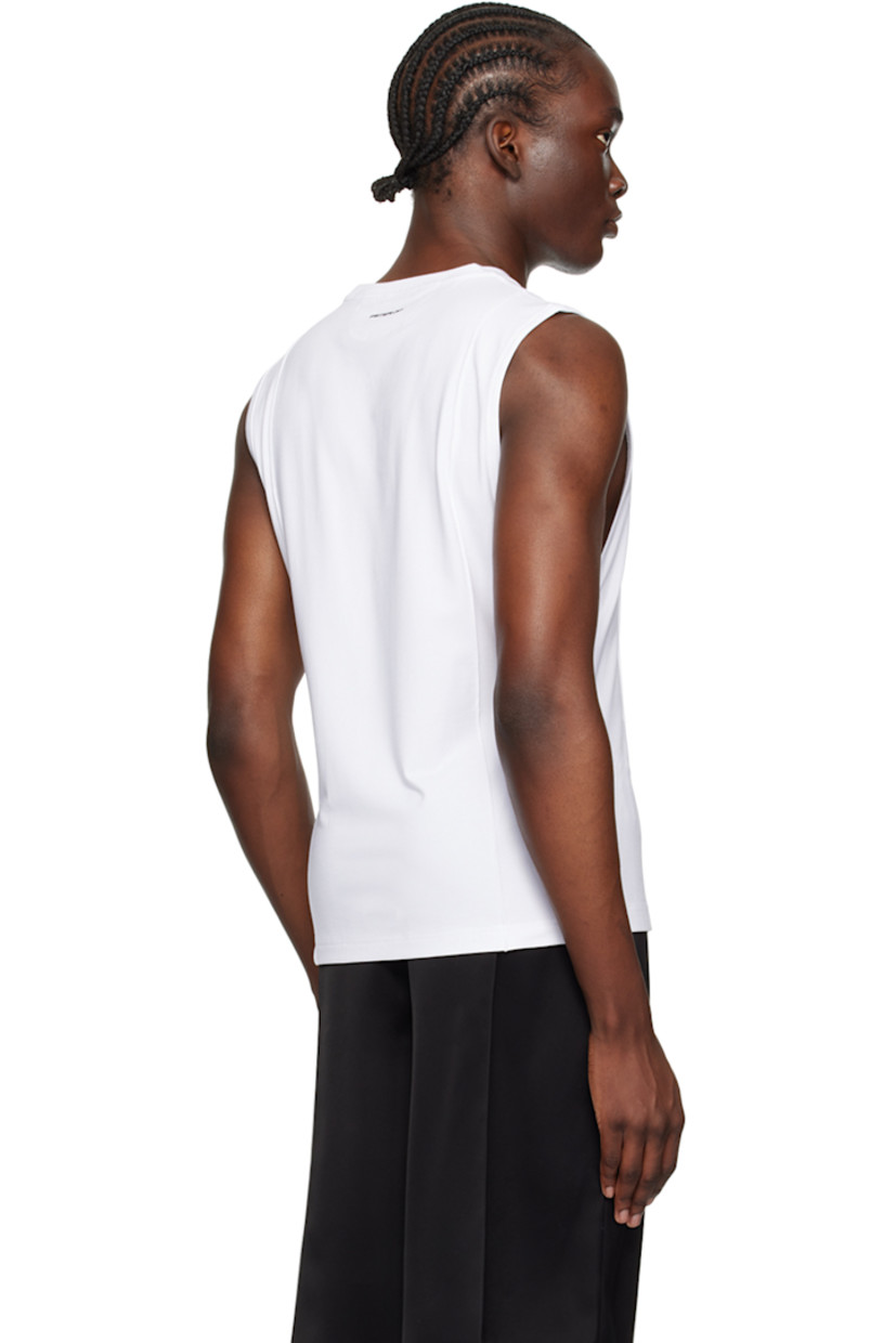 Stretch viscose jersey tank top.

· Rib knit crewneck
· Creased detailing at front and back
· Logo embroidered at back collar

Supplier color: White