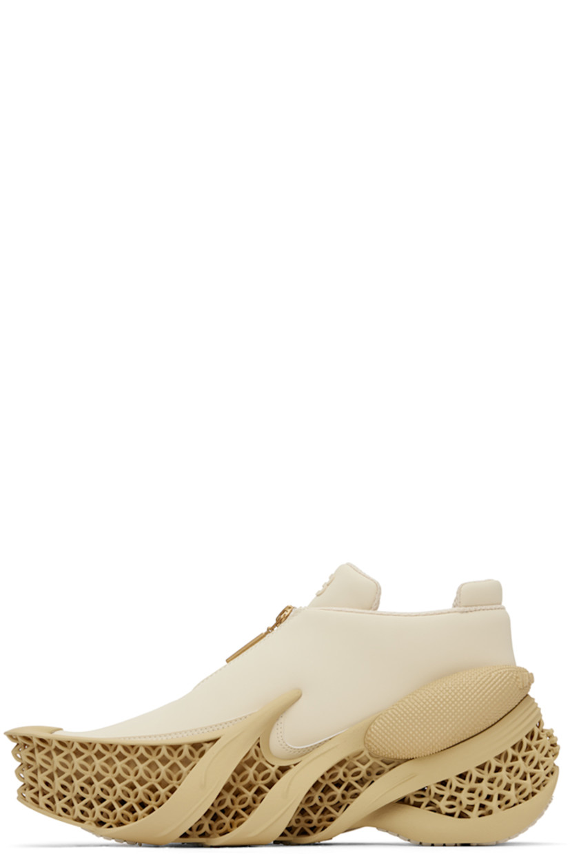 Low-top faux-leather sneakers in off-white.

· Extended rubber cap toe
· Zip closure at vamp
· Logo bonded at padded tongue
· Padded collar
· Logo embossed at heel counter
· Mesh lining
· 3D-printed sculptural rubber platform midsole
· Treaded recycled TPU sole
· Platform: H2.5"

This item is part of a limited run of 100.

Supplier color: New wheat
