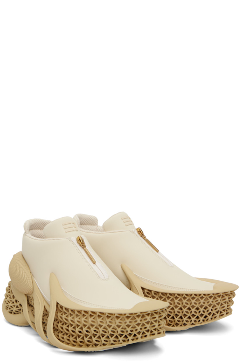 Low-top faux-leather sneakers in off-white.

· Extended rubber cap toe
· Zip closure at vamp
· Logo bonded at padded tongue
· Padded collar
· Logo embossed at heel counter
· Mesh lining
· 3D-printed sculptural rubber platform midsole
· Treaded recycled TPU sole
· Platform: H2.5"

This item is part of a limited run of 100.

Supplier color: New wheat