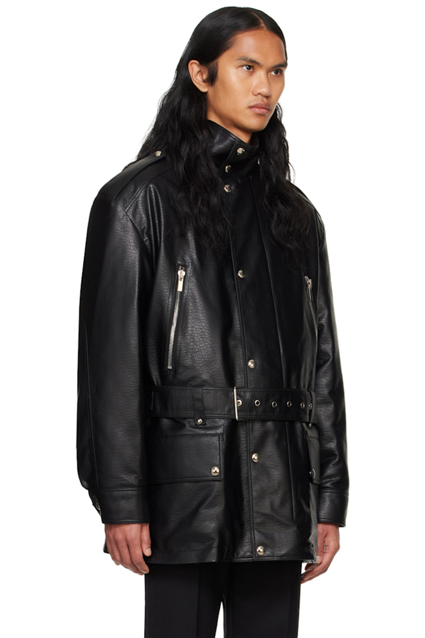 Padded grained faux-leather jacket.

· Press-stud tab at stand collar
· Concealed zip closure with press-stud placket
· Zip pockets
· Belt loops and detachable pin-buckle belt 
· Flap pockets
· Epaulets
· Single-press-stud barrel cuffs
· Logo hardware at back collar
· Welt pocket at interior 
· Full quilted satin lining

Supplier color: Black