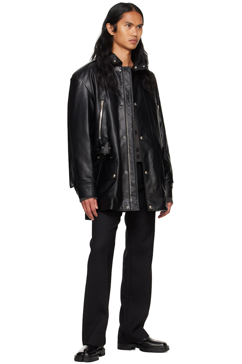 Padded grained faux-leather jacket.

· Press-stud tab at stand collar
· Concealed zip closure with press-stud placket
· Zip pockets
· Belt loops and detachable pin-buckle belt 
· Flap pockets
· Epaulets
· Single-press-stud barrel cuffs
· Logo hardware at back collar
· Welt pocket at interior 
· Full quilted satin lining

Supplier color: Black
