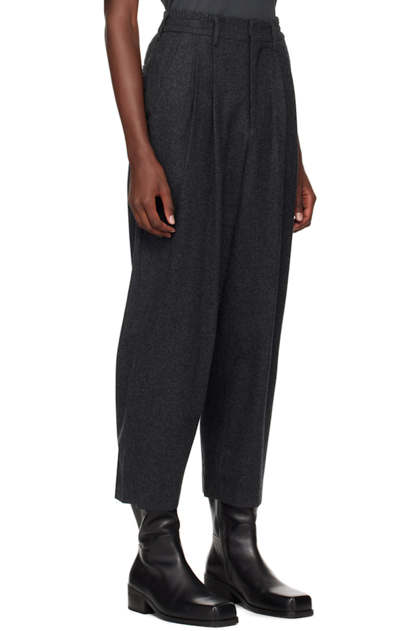 Wool-blend melton trousers.

· Belt loops at partially elasticized waistband
· Detachable cinch belt
· Four-pocket styling
· Zip-fly
· Pleats at front

Supplier color: Gray