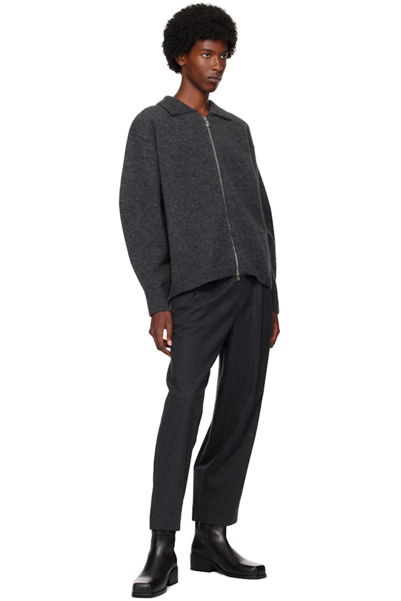 Wool-blend melton trousers.

· Belt loops at partially elasticized waistband
· Detachable cinch belt
· Four-pocket styling
· Zip-fly
· Pleats at front

Supplier color: Gray