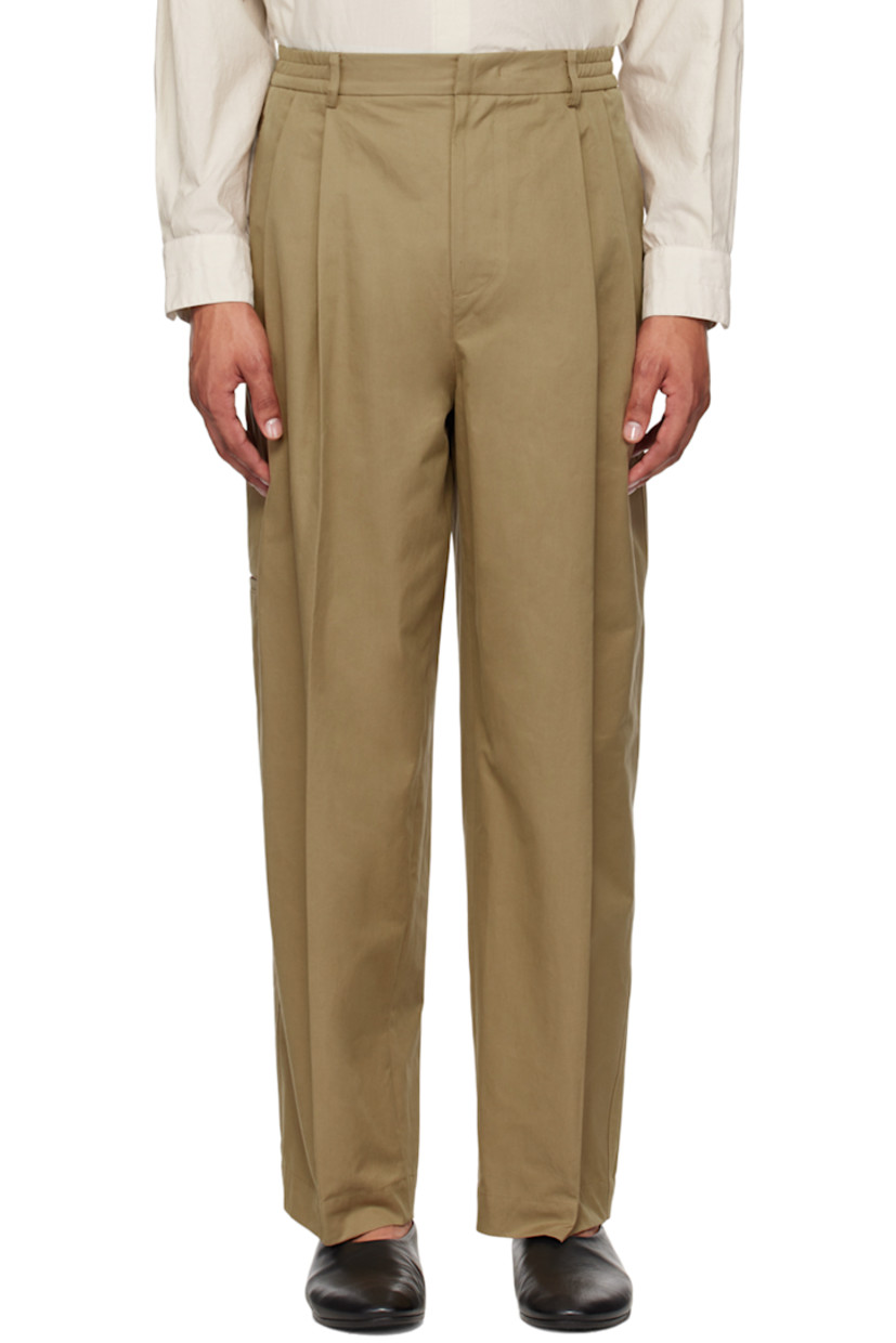 Cotton-blend twill trousers

· Belt loops at elasticized waistband
· Four-pocket styling
· Zip-fly
· Pleats at front
· Creased legs
· Welt pocket at outseam

Supplier color: Beige