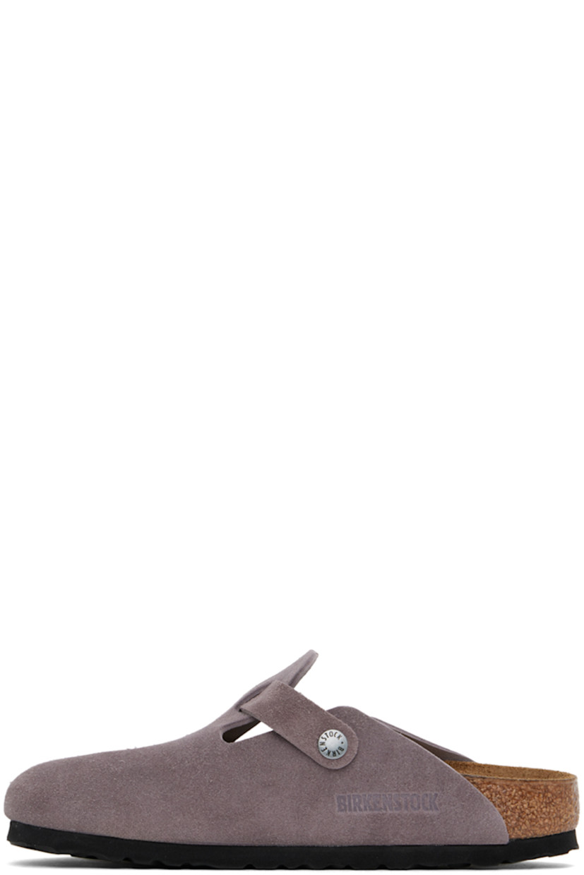 Slip-on suede loafers in purple.

· Adjustable pin-buckle strap at vamp
· Logo embossed at inner side
· Logo printed at molded suede footbed
· Latex-cork midsole
· Treaded EVA rubber sole
· Logo-engraved antiqued silver-tone hardware

Supplier color: Faded purple