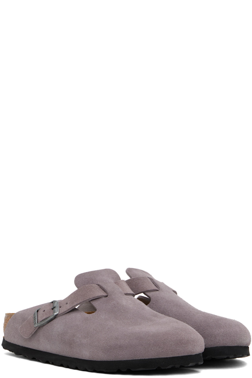 Slip-on suede loafers in purple.

· Adjustable pin-buckle strap at vamp
· Logo embossed at inner side
· Logo printed at molded suede footbed
· Latex-cork midsole
· Treaded EVA rubber sole
· Logo-engraved antiqued silver-tone hardware

Supplier color: Faded purple