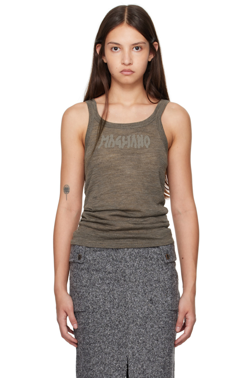 Semi-sheer knit wool tank top.

· Scoop neck
· Logo printed at chest

Supplier color: Brown