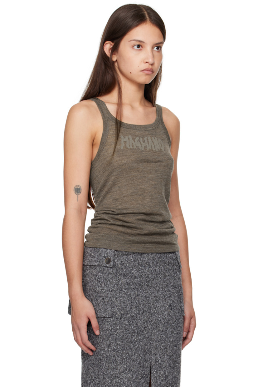Semi-sheer knit wool tank top.

· Scoop neck
· Logo printed at chest

Supplier color: Brown