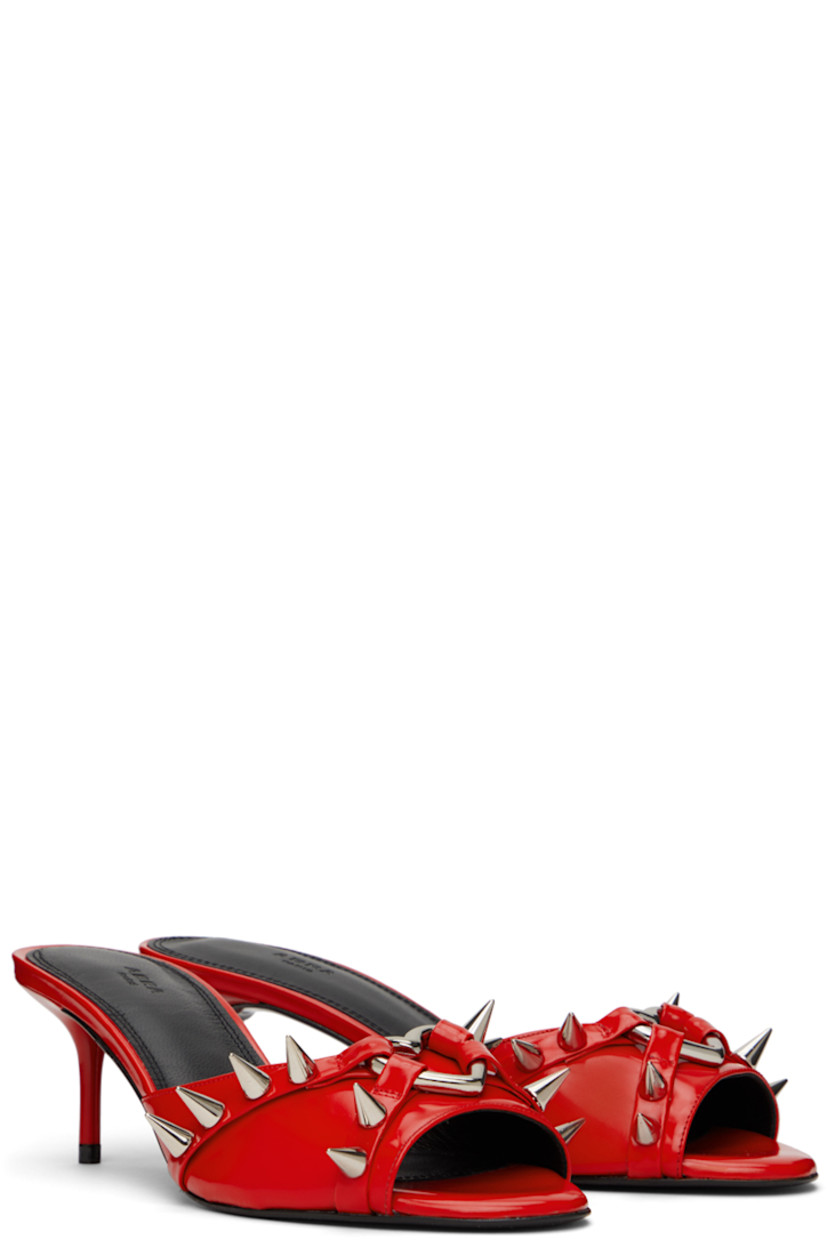 Polished leather heeled sandals in red.

· Open toe
· Spikes and graphic hardware at vamp
· Logo embossed at padded footbed
· Covered kitten heel with rubber injection
· Leather sole
· Heel: H2.5"

Supplier color: Red