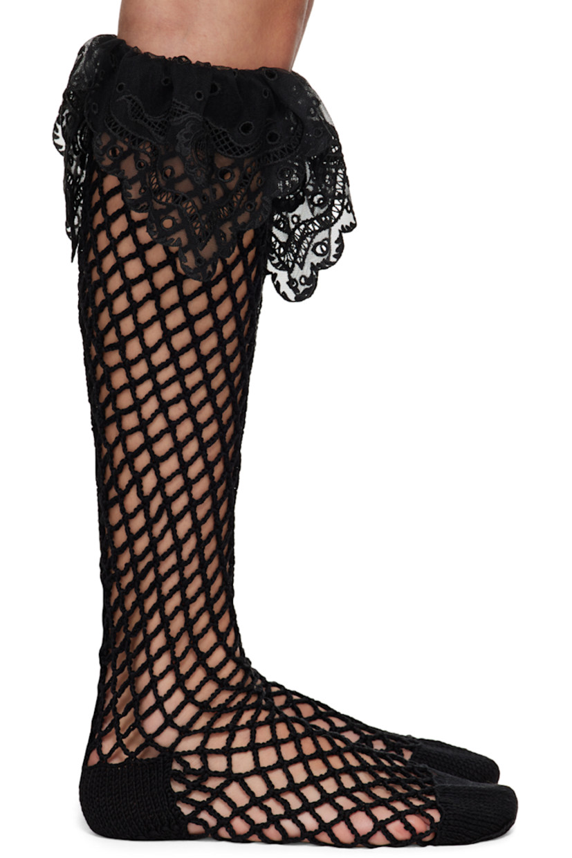 Hand-crocheted cotton socks in black. Foldover lace trim at rib knit collar.

Supplier color: Black
