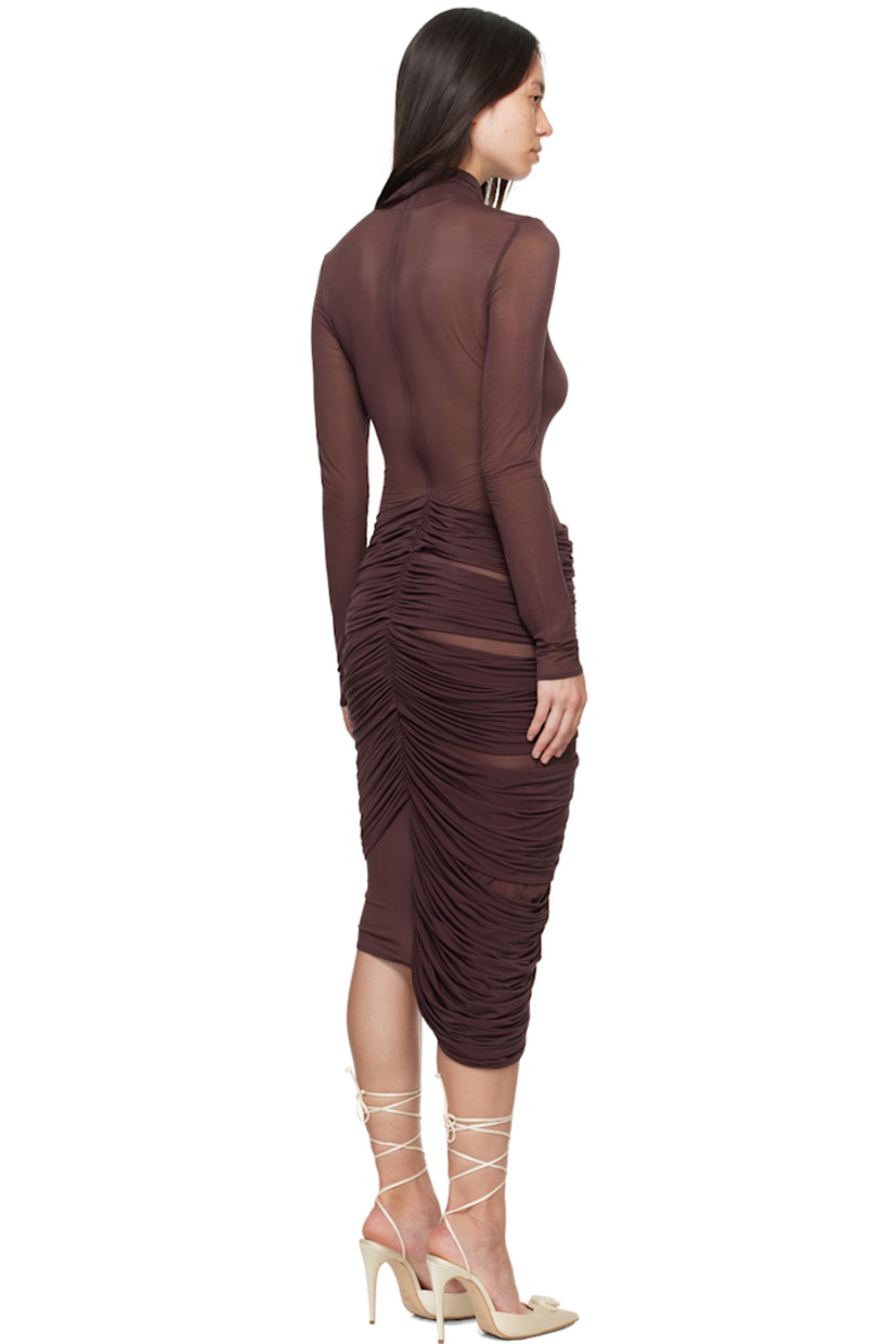Semi-sheer stretch cupro jersey dress. Ruching throughout.

· Mock neck
· Floral appliqué at front
· Concealed zip closure at back

Supplier color: Burgundy