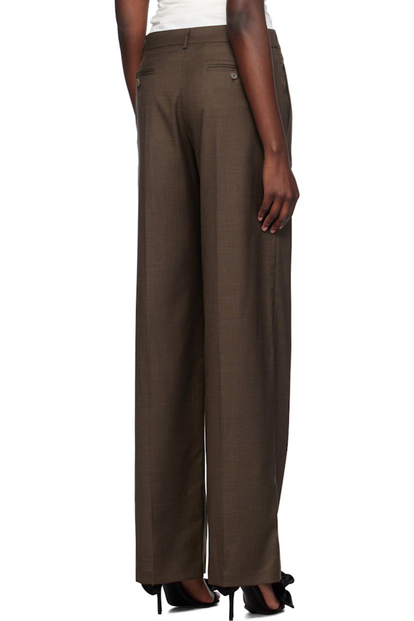 Wide-leg flared worsted stretch wool delaine trousers.

· Belt loops
· Four-pocket styling
· Zip-fly
· Pleats at front
· Creased legs

Supplier color: Brown