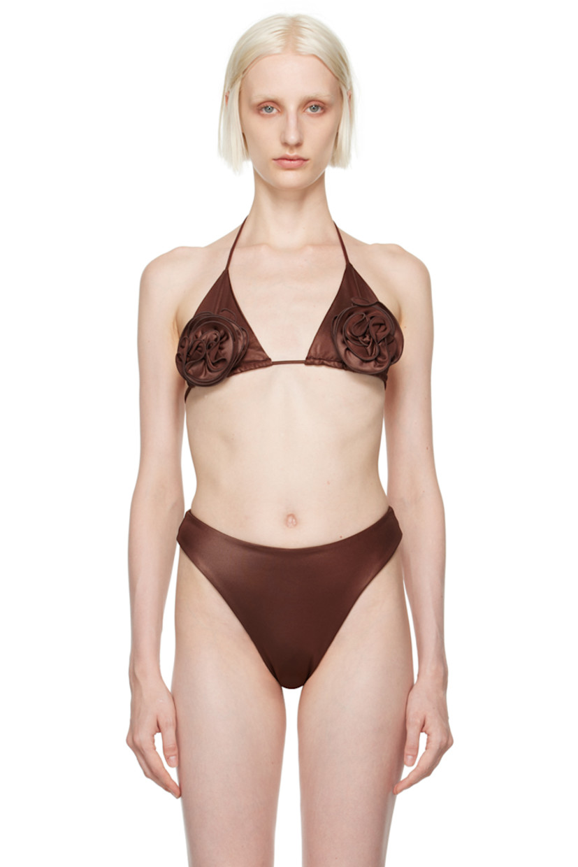 Stretch nylon satin bikini top. 

· Self-tie halter neck
· Floral appliqué at cups
· Self-tie fastening at back
· Fully lined

Supplier color: Brown