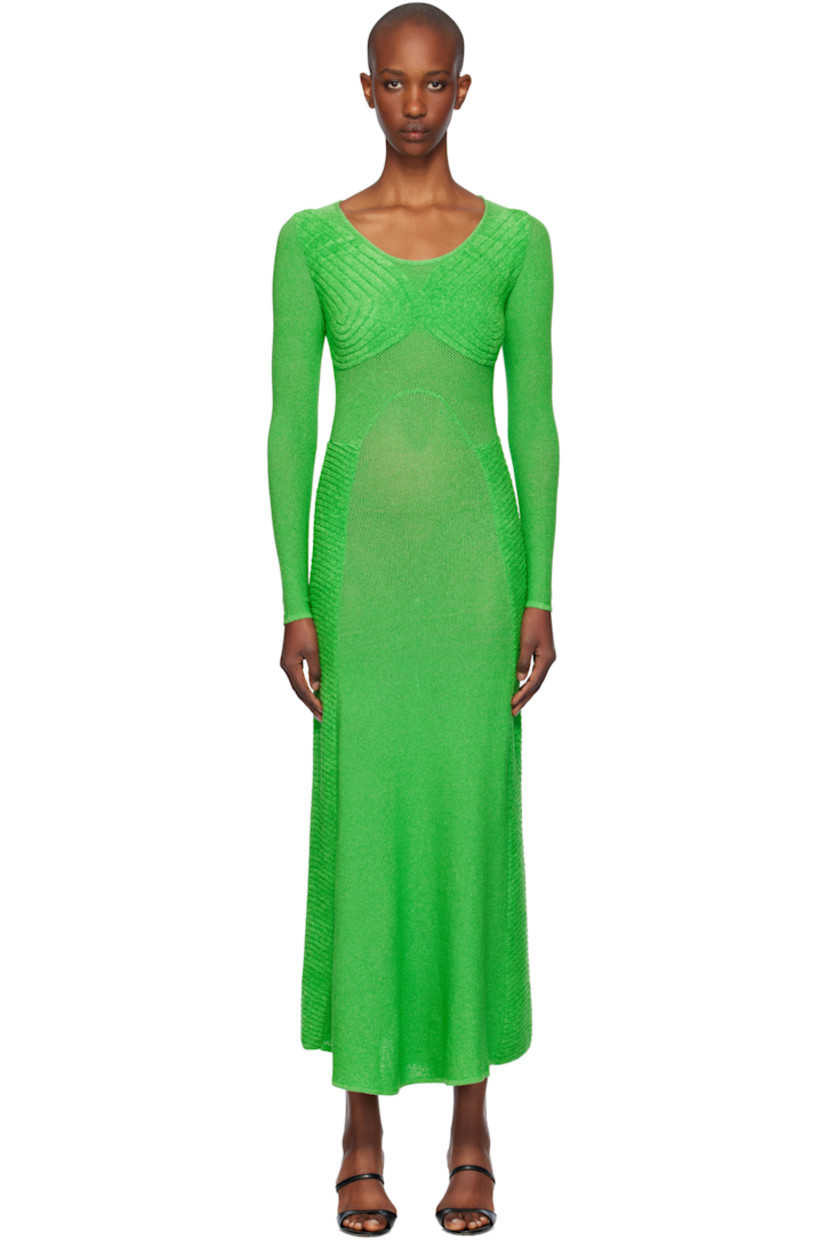Semi-sheer open-knit acrylic dress.

· Paneled construction
· Scoop neck
· Logo flag at hem
· Unlined

Supplier color: Leaf