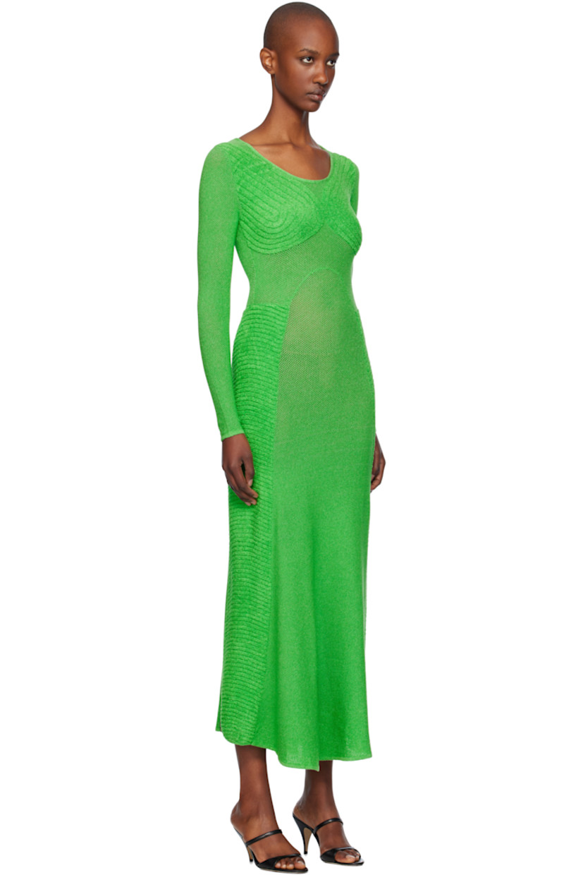 Semi-sheer open-knit acrylic dress.

· Paneled construction
· Scoop neck
· Logo flag at hem
· Unlined

Supplier color: Leaf