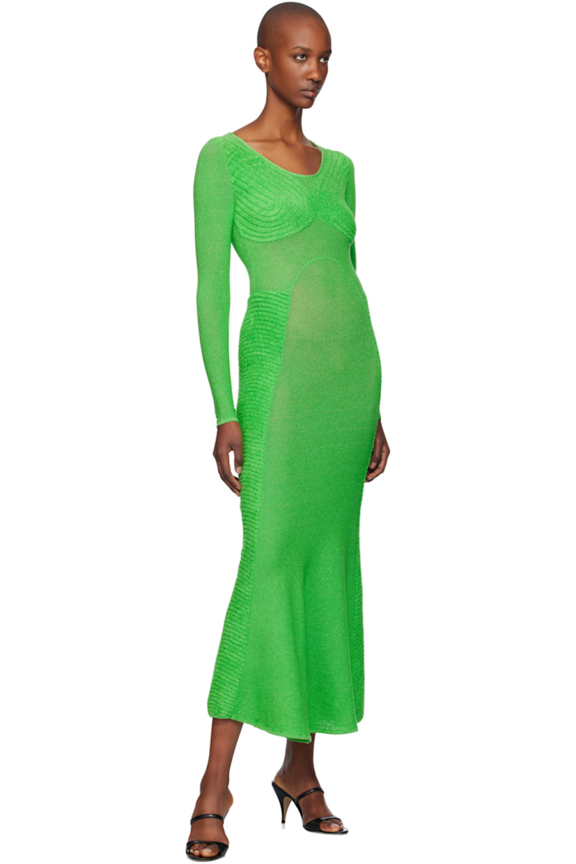 Semi-sheer open-knit acrylic dress.

· Paneled construction
· Scoop neck
· Logo flag at hem
· Unlined

Supplier color: Leaf
