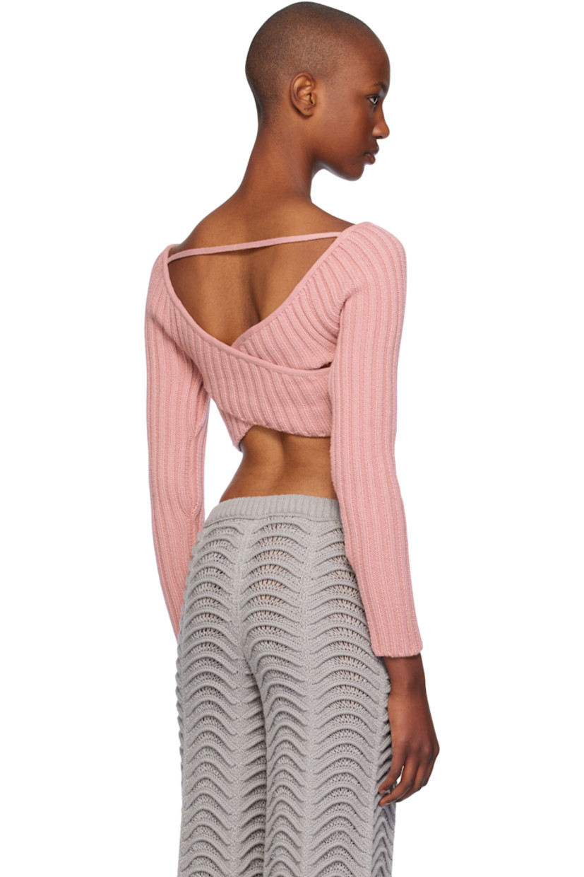 Rib-knit acrylic modified sweater. 

· Crisscrossing off-the-shoulder construction
· Logo flag at cropped hem

Supplier color: Soft pink