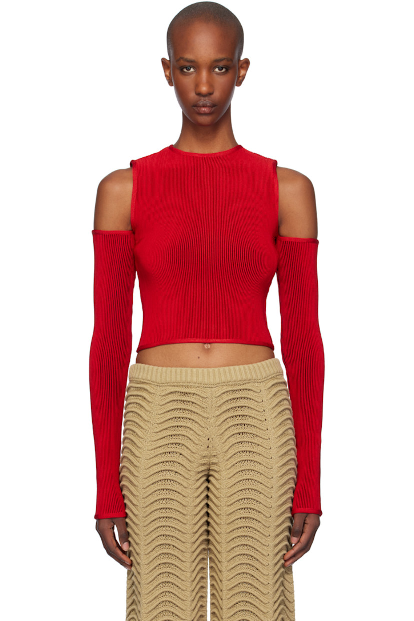 Rib-knit stretch acrylic T-shirt.

· Crewneck
· Cutout at shoulders
· Cropped hem 
· Logo flag at back hem

Supplier color: Blood
