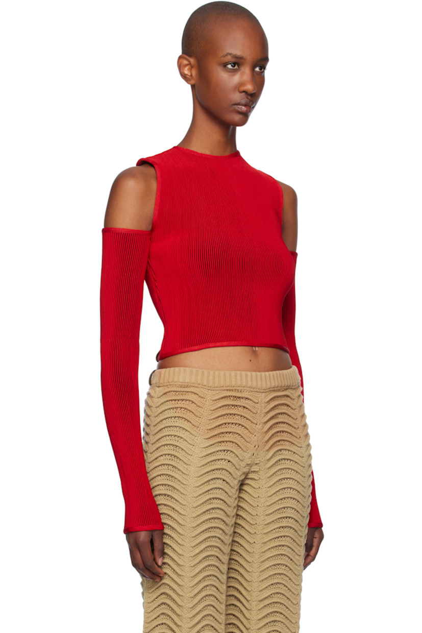 Rib-knit stretch acrylic T-shirt.

· Crewneck
· Cutout at shoulders
· Cropped hem 
· Logo flag at back hem

Supplier color: Blood