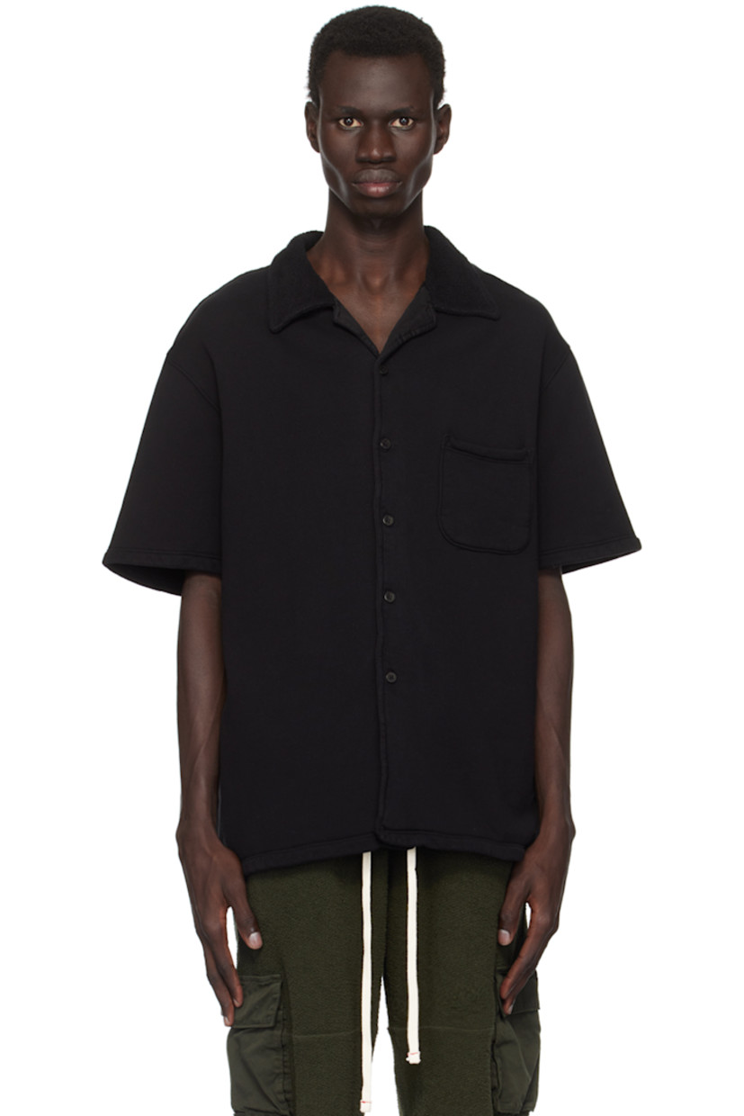 Relaxed-fit heavyweight brushed cotton fleece shirt.

· Pre-shrunk and garment-dyed
· Open spread collar
· Button closure
· Patch pocket
· Dropped shoulders
· Corozo hardware

Supplier color: Jet black
