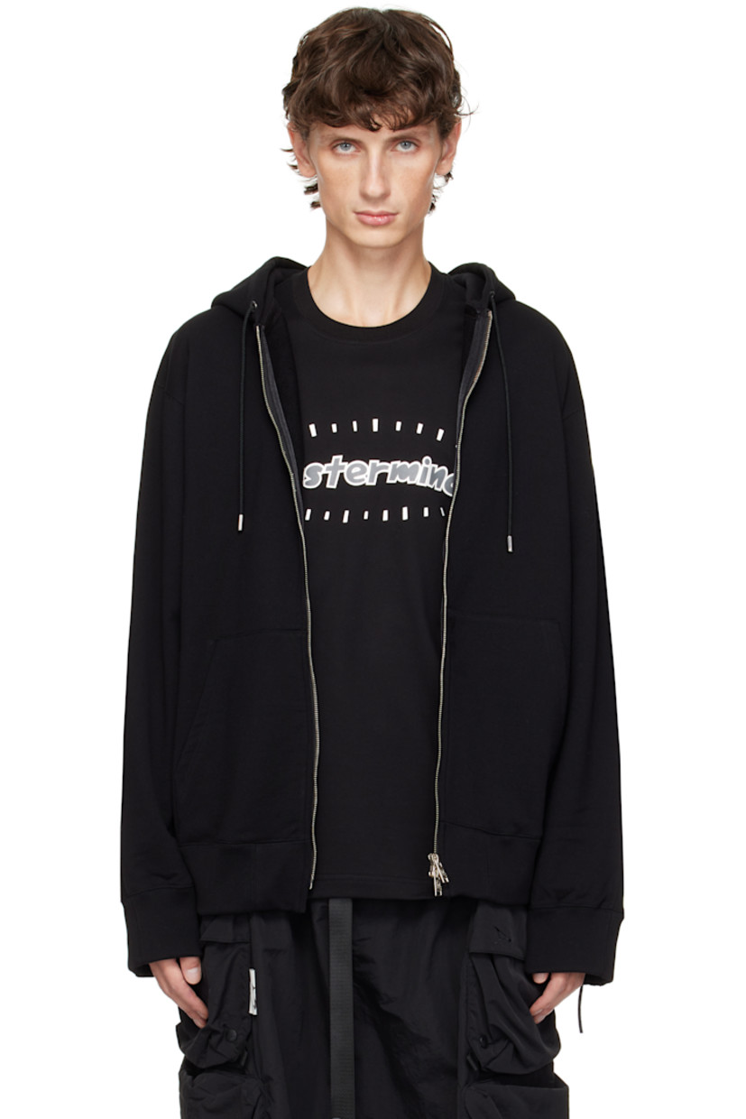 Anti-odor French terry hoodie. Patches and raw edges throughout. 

· Paneled construction 
· Drawstring at hood
· Two-way zip closure
· Patch pockets
· Logo flags at hem
· Rib-knit hem and cuffs 
· Logo printed at sleeve and back
· Embroidered logo and zip expansion panel at cuffs
· Welt pockets at back
· Detachable logo-printed trim at interior
· Logo-engraved silver-tone hardware

Supplier color: Black