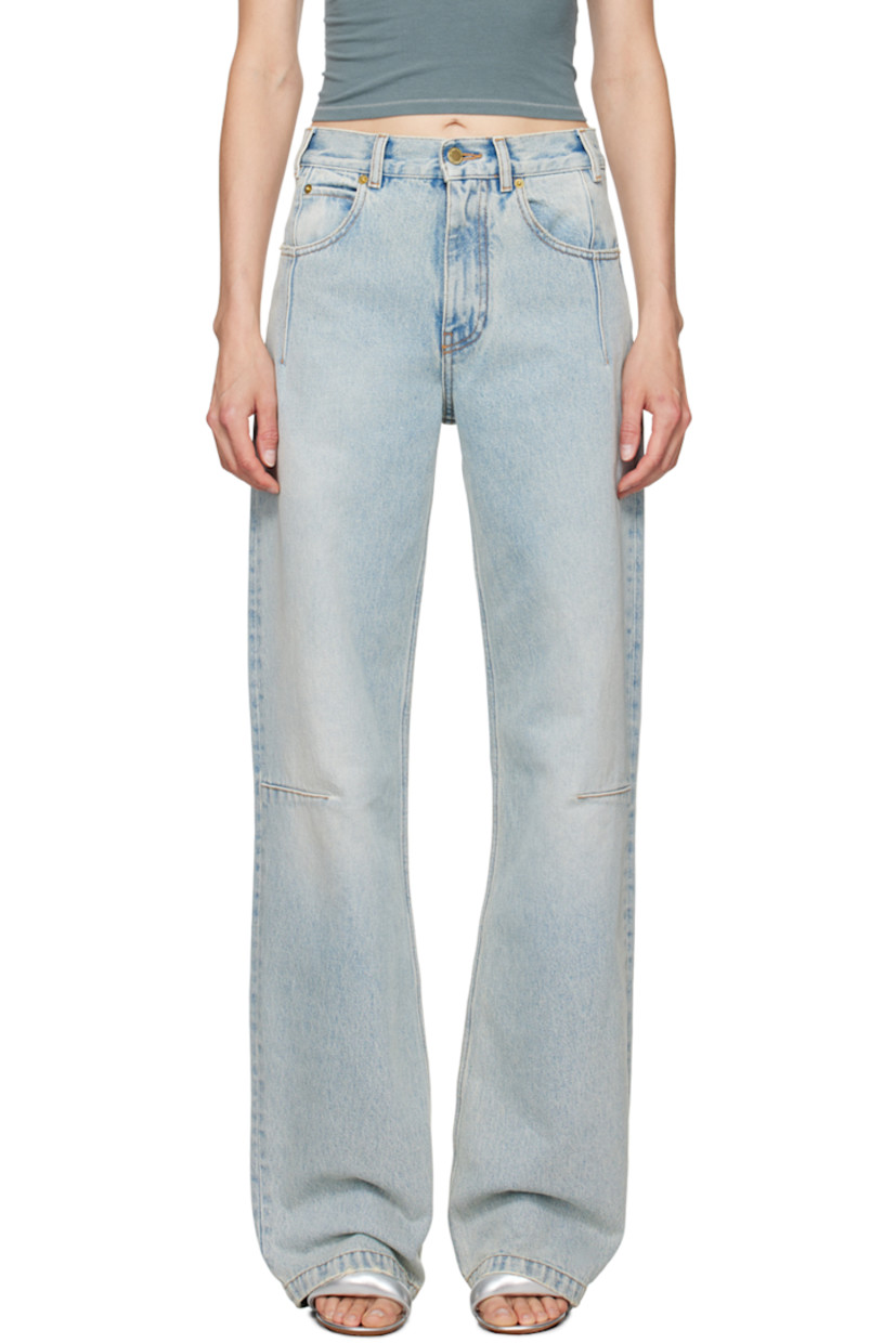 Straight-leg non-stretch denim jeans. Fading, subtle distressing, and darts throughout.

· High-rise
· Belt loops
· Five-pocket styling
· Zip-fly
· Leather logo patch at back waistband
· Logo-engraved gold-tone hardware
· Contrast stitching in tan

Supplier color: Lil light