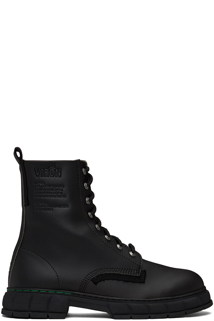 Handcrafted ankle-high corn-polymer faux-leather boots in black.

· PETA-certified
· Lace-up closure
· Logo embossed at tongue and heel counter
· Logo and text embossed at outer side
· Pull-loop at heel
· Logo printed at padded insole
· Grained faux-leather lining
· Textured recycled rubber-blend sole
· Contrast stitching in green
· Platform: H1.5"

Supplier color: Black